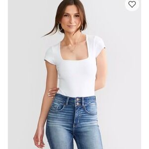 Free People White Square Neck Short Sleeve Bodysuit Rib Knit Thong Snap